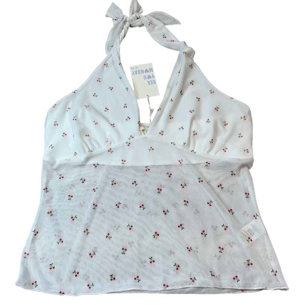 Anthropologie See You Monday Halter Top Size XL NWT Cherries White Sheer